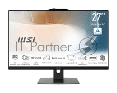 Моноблок MSI Modern AM272P 1M AiO 27" FHD (1920x1080)IPS AG Non-touch, Core i3-100U (1.2GHz), 8Gb DDR5(1x8GB),256Gb SSD M.2,Intel UHD,WiFi,BT,camera,WirelessKB&mouse Eng/Rus,NoOS,1y war-ty,черный (9S6-AF8231-1035)