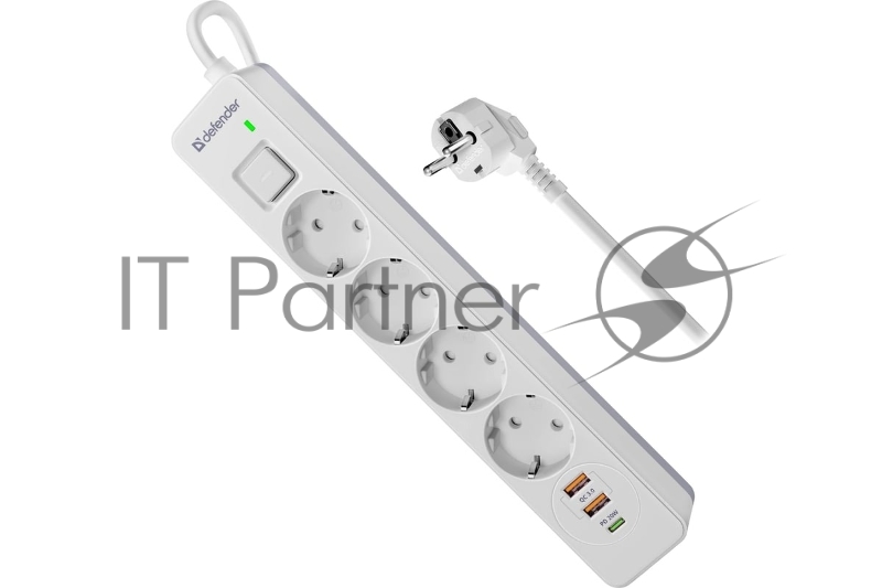 Удлинитель с сетевым фильтром Defender DFS 145, белый, 4розетки, USB+TypeC, 5 м.