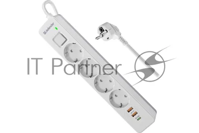 Удлинитель с сетевым фильтром Defender DFS 143, белый, 4розетки, USB+TypeC, 3 м.