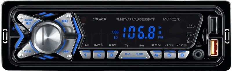 Автомагнитола Digma MCP-227B, 1 DIN, Bluetooth, USB Type-A, AUX, пульт ДУ