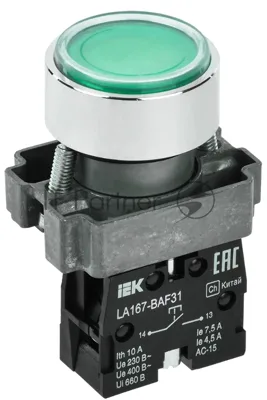 Кнопка IEK LA167-BAF31 d=22мм 1з зеленая