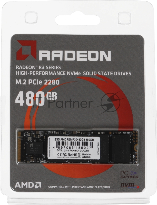 Накопитель SSD AMD Radeon R3MP30480G8, 480Gb, PCIe 3.0 x4, M.2 2280, NVMe, R/W 3300/2200