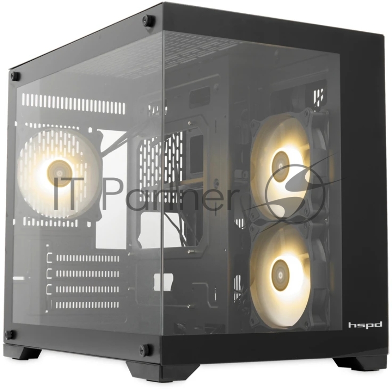 Компьютерный корпус HSPD F330, Panoramic Mini-tower, черный, TG, 0.5 SPCC, 3x120мм ARGB mATX, mITX 160/400/200мм 1x2.5", 2x3.5", 4xPCI 1xUSB-C 3.0, 2xUSB-A1.0 428x280x375мм