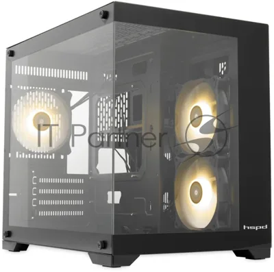 Компьютерный корпус HSPD F330, Panoramic Mini-tower, черный, TG, 0.5 SPCC, 3x120мм ARGB mATX, mITX 160/400/200мм 1x2.5", 2x3.5", 4xPCI 1xUSB-C 3.0, 2xUSB-A1.0 428x280x375мм