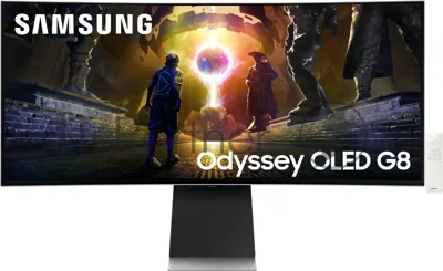 Монитор 34" Samsung Odyssey G8 S34DG852SI OLED 3440x1440, 175 Гц, 0.03 мс, 21:9, 250 кд/м², 2xHDMI 2.1, DP 1.4, USB Hub (2x USB), динамики (2x5 Вт), FreeSync, G-Sync, HDR10, изогнутый экран (1800R), серебристый