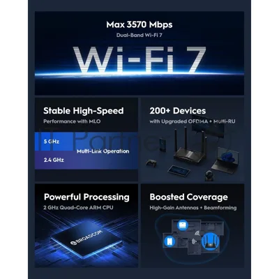 Маршрутизатор Cudy BE3600 2.5G Dual Band Wi-Fi 7 Mesh Router, Chipset Broadcom, 802.11be/ax/ac/a/b/g/n, 2882Mbps at 5GHz + 688Mbps at 2.4GHz, 1 x 2.5Gbps WAN Port, 4 x 10/100/1000Mbps Ports, 4 x 5dBi fixed antennas, WiFi router/AP/Repeater/WISP Mode, PPTP/L2TP/OpenVPN/WireGuard, MLO, MU-MIMO, Guest network, WPS, DDNS, IPv6, IPTV, WOL, WPA3, TR069/TR098/TR111/TR181, Cudy APP