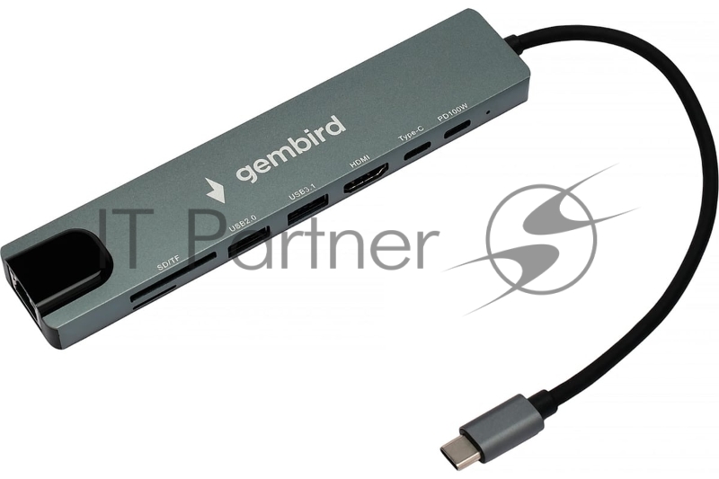 Док-станция Gembird UHB-D3, USB Type-C, USB 2.0, USB 3.1, USB Type-C PD87W, USB Type-C, HDMI, SD/TF, RJ45, USB Type-C