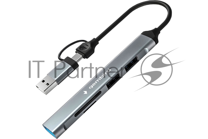 Кард-ридер Type-C/USB-A (3.1) Gembird 5в1: 2xUSB 2.0, USB3.1, SD/TF, кабель 10 см, алюминий