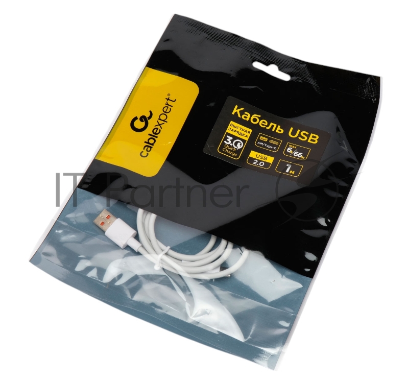 Кабель USB2.0 Cablexpert CC-USB2-AMCM-66W-1M-W, AM/Type-C, 6A, 66Вт, QC3.0, 1м, медь, белый, пакет