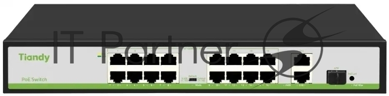 Коммутатор Tiandy TC-P3S019 Spec:H/1621/AT/180, 16×100 Мбит/с PoE + 2×1 Гбит/с Uplink + 1×1 Гбит/с SFP, неуправляемый