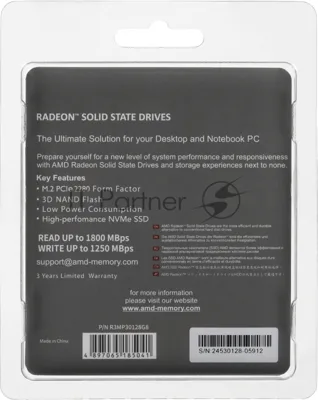 Накопитель SSD AMD Radeon R3 MP30128G8, 128Gb, PCIe 3.0 x4, M.2 2280, NVMe, R/W 1800/1250