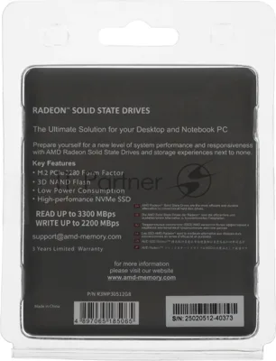 Накопитель SSD AMD Radeon 512Gb, PCIe 3.0 x4, M.2 2280, NVMe, R/W 3300/2200