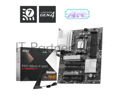 Материнская плата MSI PRO B840-P WIFI, AM5, AMD B840, 4xDDR5, 4xSATA, 2xM.2, 1xPCIe 4.0 x16, HDMI, 1x2.5Gb LAN, USB Type-C, 3x3.5 мм, 7.1, ATX
