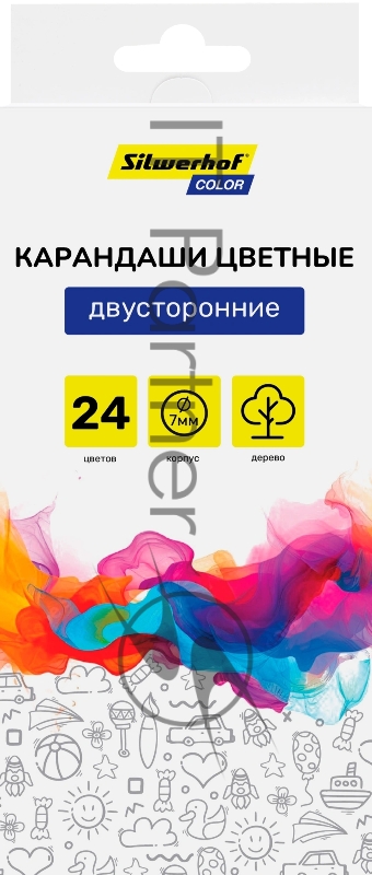 Карандаши цветные Silwerhof Color, двухцветные, 2.8мм, круглый профиль, дерево, ассорти, 24 цвета, коробка с европодвесом (12шт)