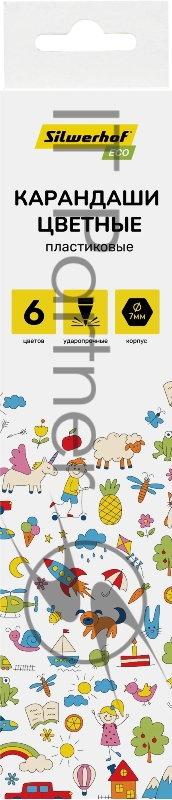 Карандаши цветные Silwerhof Eco 2.6 мм, шестигранный профиль, пластик, ассорти, 6 цветов, коробка с европодвесом