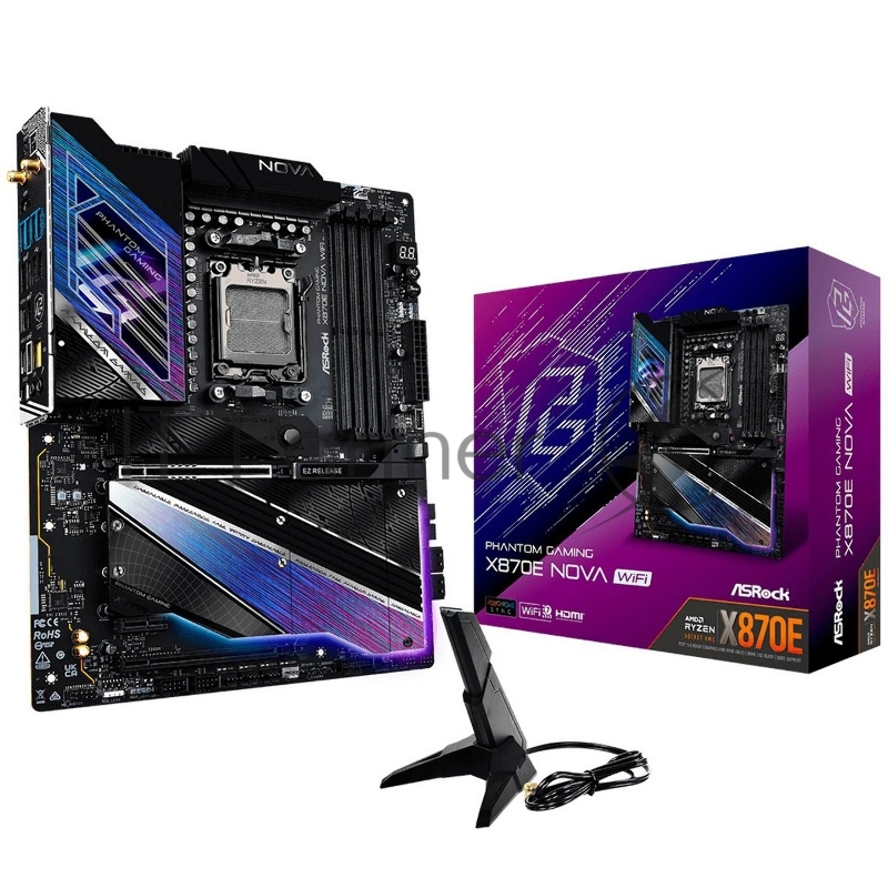 Материнская плата ASRock X870E NOVA WIFI, AM5, AMD X870E, 4xDDR5, 4xSATA, 1xPCIe 5.0 x16, 1xPCIe 3.0 x16, 1xPCIe 3.0 x1, 1xHDMI, 2xUSB4 Type-C, 5xUSB 3.2 Gen2, 3xUSB 3.2 Gen1, 1x 5Gb LAN, 3x3.5 мм, 7.1, ATX