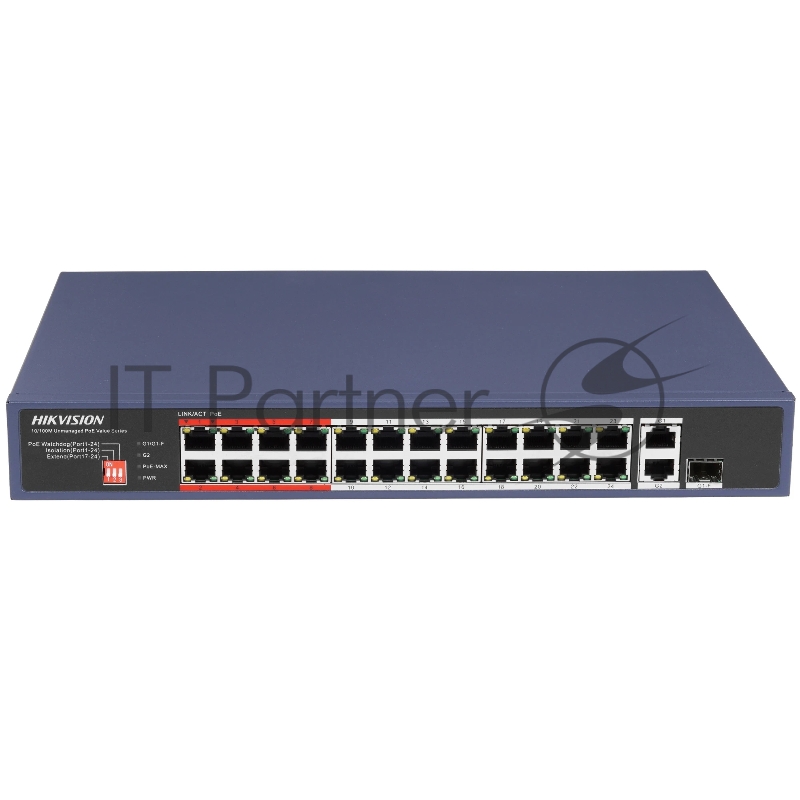 Коммутатор Hikvision DS-3E0326P-E/M(C), 24×100 Мбит/с PoE + 1×100 Мбит/с + 1×1 Гбит/с SFP, неуправляемый
