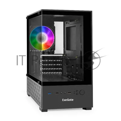 Компьютерный корпус Minitower ExeGate i3 SEA (mATX, БП 450NPX, 2*USB+1*USB 3.0, HD аудио, черный, 1 вент. 12см с RGB подсветкой, передняя и боковая панели - закаленное стекло)