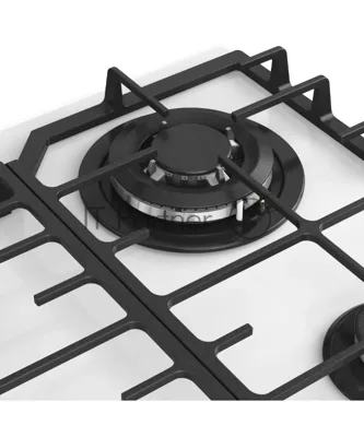 Варочная панель Kuppersberg FG 66 W газ, High-Tech, 59 см, автоматический электроподжиг, газ-контроль, форсунки под сжиженый газ, SABAF конфорки, чугунные решетки, цвет белый, цвет фурнитуры белый
