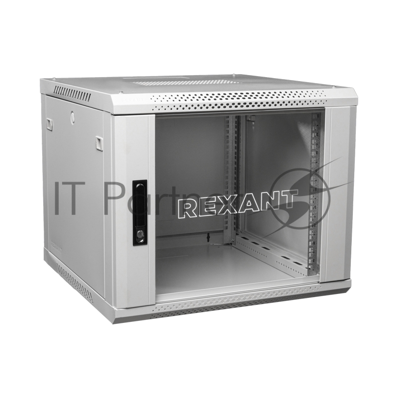 Настенный шкаф Rexant 19" 9U 600×600×501 (ШxГxВ), дверь стекло, металлическая задняя стенка, боковые съемные стенки, RAL 7035