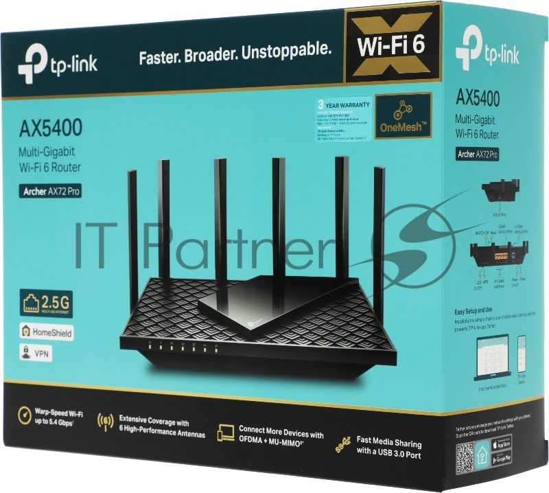 Двухдиапазонный роутер Wi‑Fi TP-Link Archer AX72 Pro AX5400 с портом WAN/LAN 2,5 Гбит/с и поддержкой Mesh