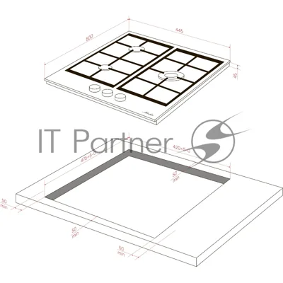 Газовая варочная панель Monsher MSG 43 Noir, газ, High-Tech, 44 см, автоматический электроподжиг, газ-контроль, форсунки под сжиженый газ, SABAF конфорки, чугунные решетки, черный