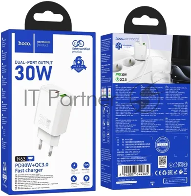 Сетевое зарядное устройство Hoco N63 Gentle 30W 3A (PD+QC) белый