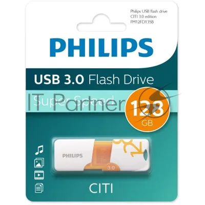 Флешка USB PHILIPS CITI3.0 (FM12FD135B/97), 128Gb, USB 3.0, R/W 100/45, белый/оранжевый