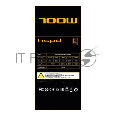 Блок питания Power Supply HSPD, 700W 80 PLUS Bronze (ATX, 2.31, Semi-modular, 1x24(20+4)pin 550мм, 1xCPU*2 8(4+4)pin 600+150мм, 1xPCIe*2 8(6+2)pin 500+150мм, 2xSATA*3 400+150+150мм, 1xMOLEX4pin*3+FDD 400+150+150+150мм, Active, 120x120мм, 150x140x86мм, APFC, OVP, UVP, SCP, OPP, OCP, OTP, черный)
