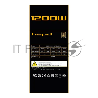 Блок питания Power Supply HSPD, 1200W 80 PLUS Gold (ATX, 3.1, PCIe 5.1, Full modular, 1x24(20+4)pin 600мм, 2xCPU 8(4+4)pin 700мм, 2xPCIe*2 8(6+2)pin 550+150мм, 1x12V(2x6) 12+4pin 600W 550мм 3xSATA*3 500+150+150мм, 1xMOLEX4pin*3+FDD 500+150+150+150мм, Active, 120x120мм, 150x140x86мм, APFC, OVP, UVP, SCP, OCP, OTP, OPP, NLO, SIP, black)