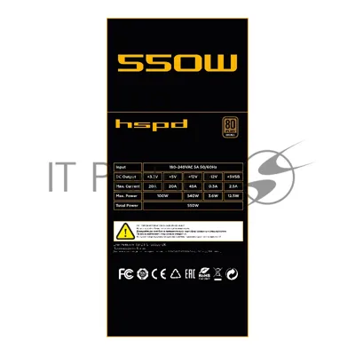 Блок питания Power Supply HSPD, 550W 80 PLUS Bronze (ATX, 2.31, Semi-modular, 1x24(20+4)pin 550мм, 1xCPU*2 8(4+4)pin 600+150мм, 1xPCIe*2 8(6+2)pin 500+150мм, 2xSATA*3 400+150+150мм, 1xMOLEX4pin*3+FDD 400+150+150+150мм, Active, 120x120мм, 150x140x86мм, APFC, OVP, UVP, SCP, OPP, OCP, OTP, черный)