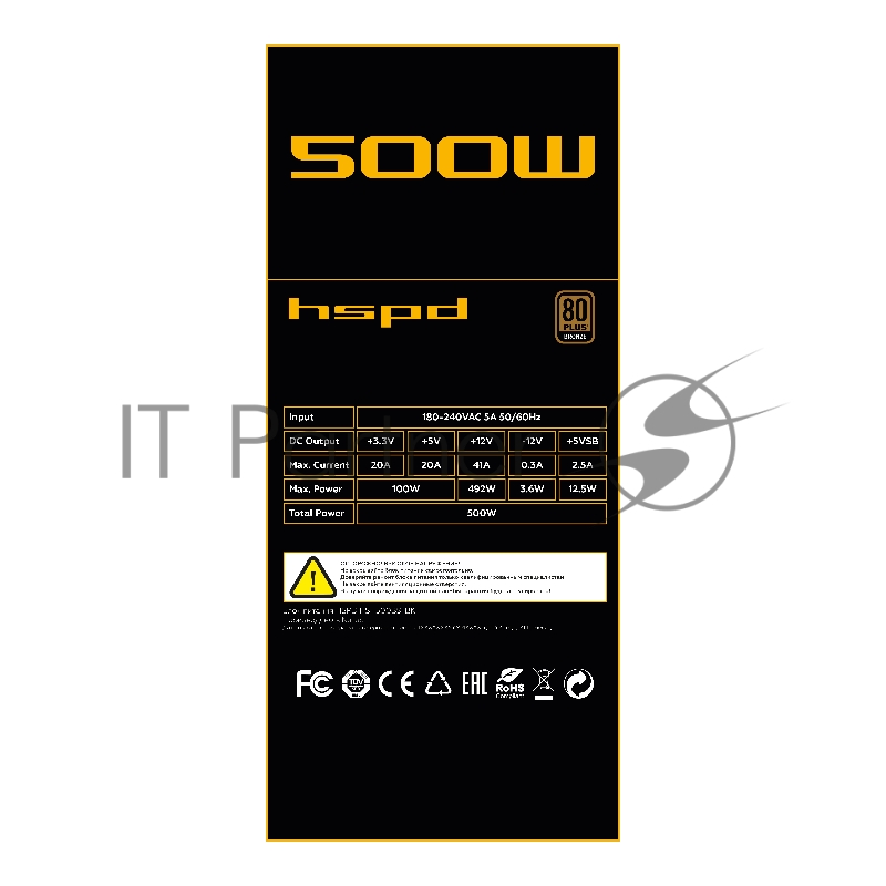 Блок питания Power Supply HSPD, 500W 80 PLUS Bronze (ATX, 2.31, Semi-modular, 1x24(20+4)pin 550мм, 1xCPU*2 8(4+4)pin 600+150мм, 1xPCIe*2 8(6+2)pin 500+150мм, 2xSATA*3 400+150+150мм, 1xMOLEX4pin*3+FDD 400+150+150+150мм, Active, 120x120мм, 150x140x86мм, APFC, OVP, UVP, SCP, OPP, OCP, OTP, черный)