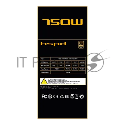 Блок питания Power Supply HSPD, 750W 80 PLUS Gold (ATX, 3.1, PCIe 5.1, Full modular, 1x24(20+4)pin 600мм, 2xCPU 8(4+4)pin 700мм, 2xPCIe*2 8(6+2)pin 550+150мм, 1x12V(2x6) 12+4pin 600W 550мм 2xSATA*3 500+150+150мм, 1xMOLEX4pin*3+FDD 500+150+150+150мм, Active, 120x120мм, 150x140x86мм, APFC, OVP, UVP, SCP, OCP, OTP, OPP, NLO, SIP, black)