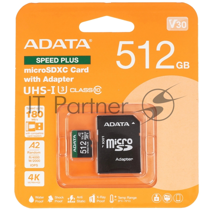Флеш карта microSD ADATA 512Gb microSDXC Class 10 UHS-I U3 V30 A2 180/160 MB/s (SD адаптер)