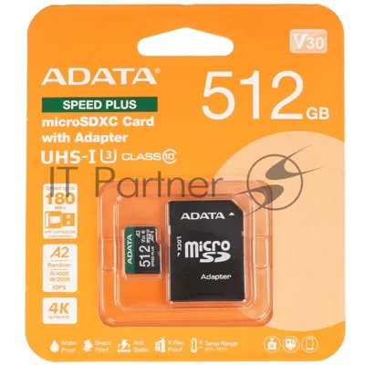 Флеш карта microSD ADATA 512Gb microSDXC Class 10 UHS-I U3 V30 A2 180/160 MB/s (SD адаптер)