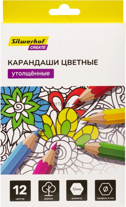 Карандаши цветные Silwerhof Create Jumbo 6мм, шестигранный профиль, дерево, ассорти, 12 цветов, коробка с европодвесом