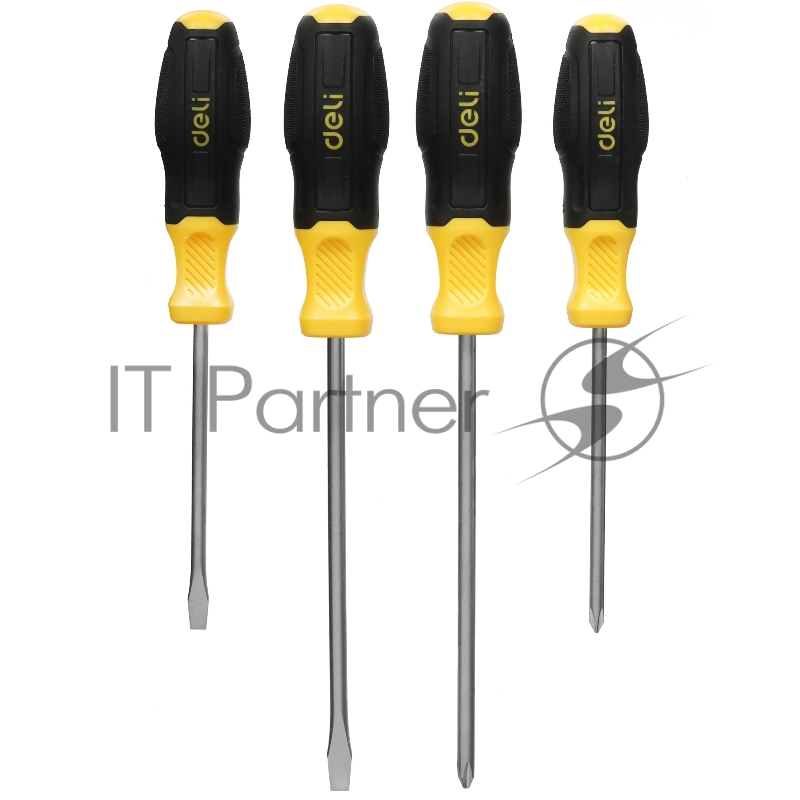 Набор отверток Deli DL630004N 4шт SL5x100 + SL6x150 + PH1x100 + PH2x150 сталь Cr-V, двухкомпонентная прорезиненная рукоять