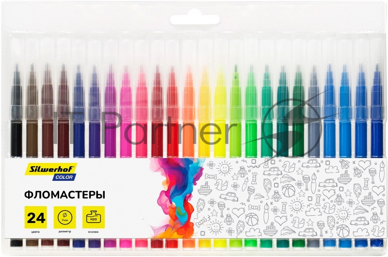 Фломастеры Silwerhof Color 9мм 145мм, круглый корпус, пулевидный пишущий наконечник, вентилируемый колпачок, 24 цвета, пакет с европодвесом