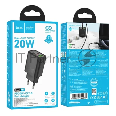 Зарядное устройство Hoco 20Вт, 3А, QC3.0/PD, 1xUSB, 1xType-C, N61, черный, коробка