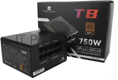 Блок питания Thermalright, 750W 80+ Bronze (ATX, 3.0, PCIe 5.0, Full modular, 1x24(20+4)pin, 2xCPU 8(4+4)pin, 4xPCIe*2 8(6+2)pin, 3xSATA3, 1x12+4pin (12VHPWR PCIe 5.0 12+4pin 600mm), 3xMOLEX4pin, Active, 120x120мм, 150x140x86mm, APFC, black)