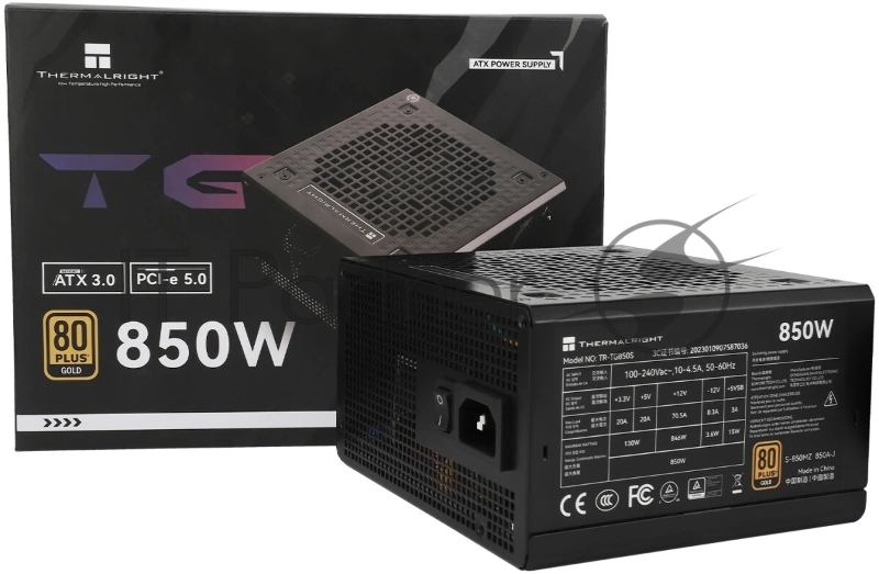 Блок питания Thermalright, 850W 80+ Gold (ATX, 3.0, PCIe 5.0, Non-modular, 1x24(20+4)pin, 1xCPU 8(4+4)pin, 2xPCIe*2 8(6+2)pin, 5xSATA3, 1x12+4pin (12VHPWR PCIe 5.0 12+4pin 600mm), 3xMOLEX4pin, Active, 120x120мм, 150x140x86mm, APFC, black)
