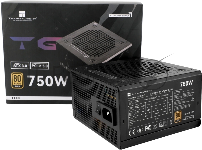 Блок питания Thermalright, 750W 80+ Gold (ATX, 3.0, PCIe 5.0, Non-modular, 1x24(20+4)pin, 1xCPU 8(4+4)pin, 2xPCIe*2 8(6+2)pin, 5xSATA3, 1x12+4pin (12VHPWR PCIe 5.0 12+4pin 600mm), 3xMOLEX4pin, Active, 120x120мм, 150x140x86mm, APFC, black)
