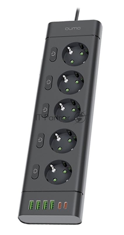 Сетевой фильтр QUMO Power Bar Light SPFSU2 (P-0009), 5 розеток, 2500 Вт, 10A, каб.3м 3*1 мм медь, 4U+2C (2,4A),Bl