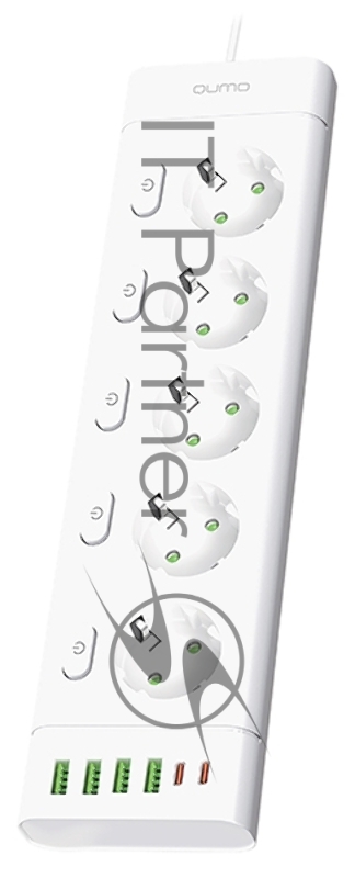 Сетевой фильтр QUMO Power Bar Light SPFSU2 (P-0009), 5 розеток, 2500 Вт, 10A, каб.3 м 3x1 мм медь, 4U+2C (2,4A),Wt