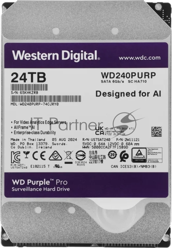 Жесткий диск HDD WD Purple Pro 24Tb 7200rpm SATA 512Mb 3.5"