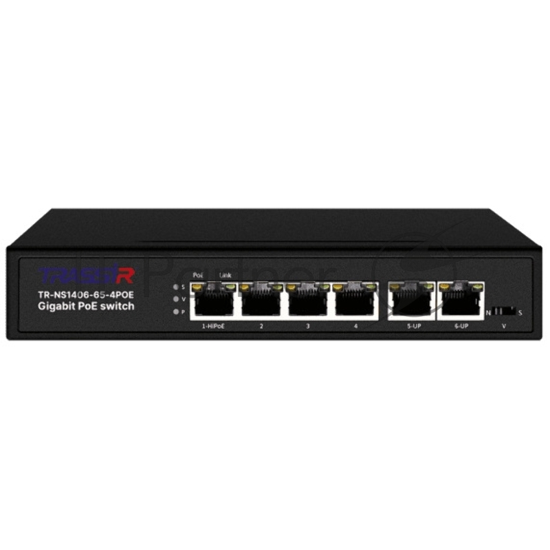 Неуправляемый коммутатор Trassir TR-NS1406-65-4POE с 4 PoE портами (10/100/1000 Мбит/с (Base-T)), 2 Uplink (10/100/1000 Мбит/с (Base-T)), стандарты PoE EEE802.3af, EEE802.3at, EEE802.3bt, максимальная мощность на порт 60Вт, общая - 65 Вт