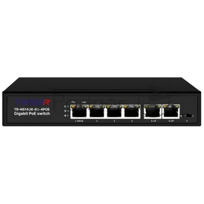 Неуправляемый коммутатор Trassir TR-NS1406-65-4POE с 4 PoE портами (10/100/1000 Мбит/с (Base-T)), 2 Uplink (10/100/1000 Мбит/с (Base-T)), стандарты PoE EEE802.3af, EEE802.3at, EEE802.3bt, максимальная мощность на порт 60Вт, общая - 65 Вт