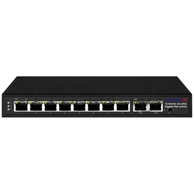 Неуправляемый коммутатор Trassir TR-NS1410-120-8POE с 8 PoE портами (10/100/1000 Мбит/с (Base-T)) 2 Uplink (10/100/1000 Мбит/с (Base-T)), стандарты PoE EEE802.3af, EEE802.3at, EEE802.3bt, максимальная мощность на порт 90Вт, общая - 120 Вт.