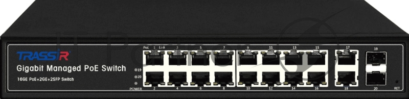 Коммутатор управляемый Trassir TR-NS24202S-300-16PoE с 16 PoE портами (10/100/1000 Мбит/с Base-TX PoE port) и 2 SFP портами и 2 RJ-45 Uplink ports.