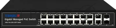 Коммутатор управляемый Trassir TR-NS24202S-300-16PoE с 16 PoE портами (10/100/1000 Мбит/с Base-TX PoE port) и 2 SFP портами и 2 RJ-45 Uplink ports.